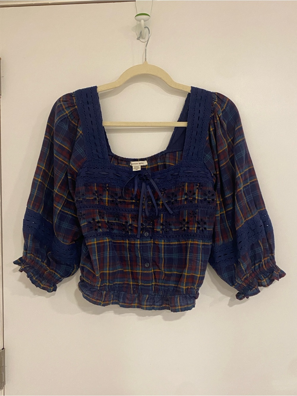 Blue Plaid Crochet-Trim Peasant Blouse
